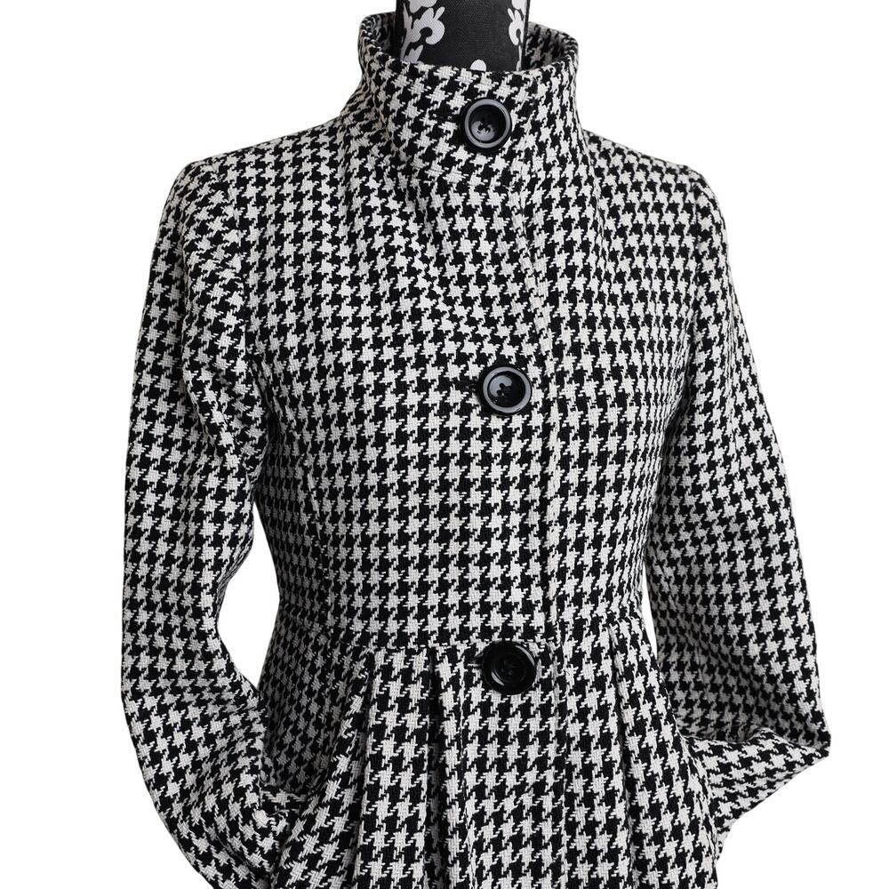 Classic Preppy Houndstooth Wool Blend Pleated Peplum Button Up Peacoat - M - Picture 9 of 13